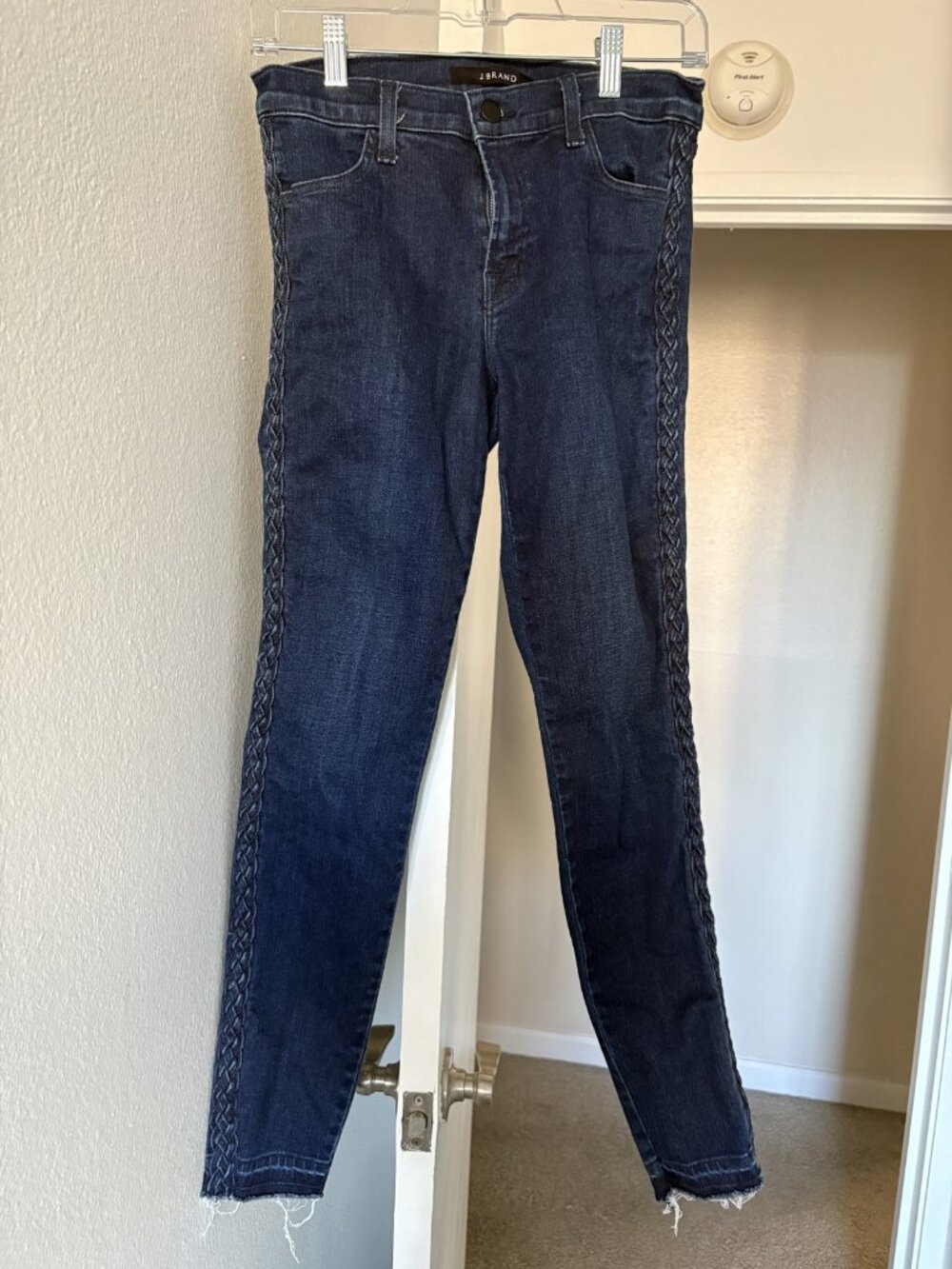 J Brand Braided Side Skinny Jeans Womens 27 Dark Wash Released Raw Hem